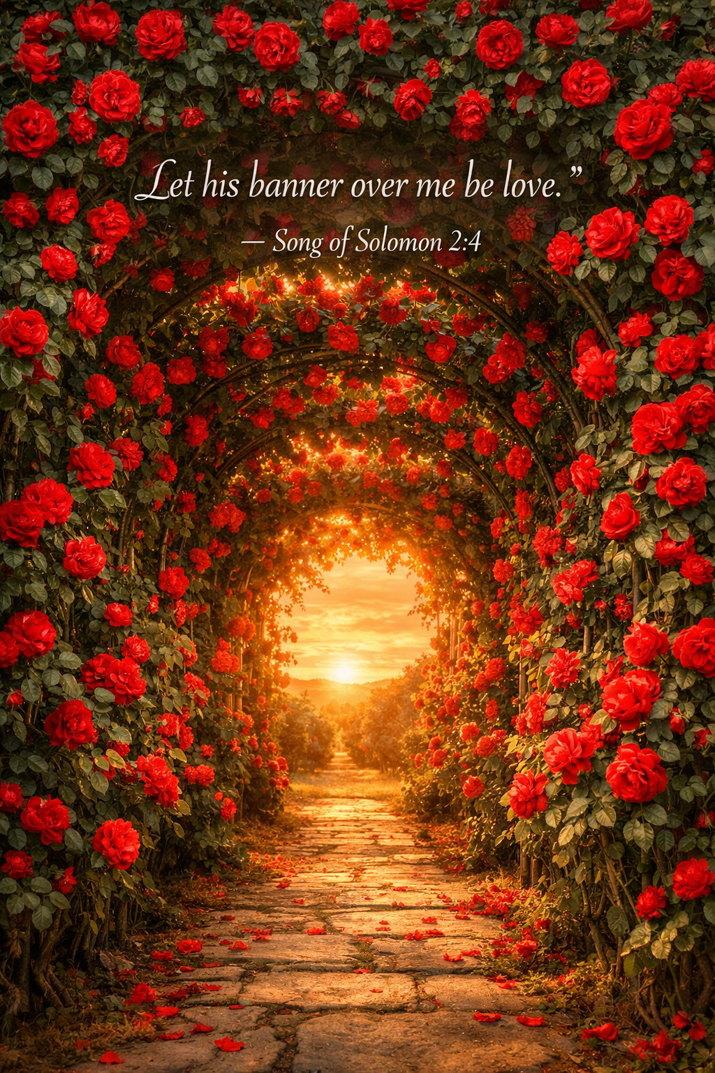 Song of Solomon 2:4 vertical wallpaper red rose archway tunnel climbing roses cobblestone petals golden light banner love
